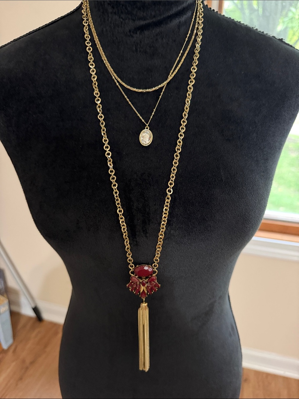 🔥🔥 Gold Tone Necklace with Red Gem Tassel and Layered Pendants